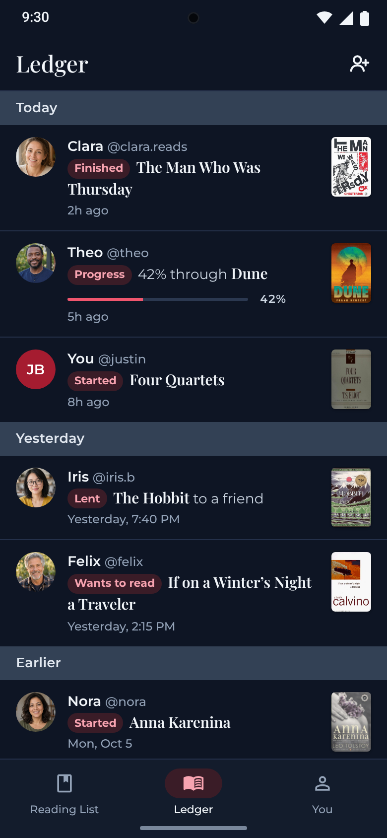 Literate Ledger screen: a chronological list of reading updates from people you follow, such as started, finished and lent.